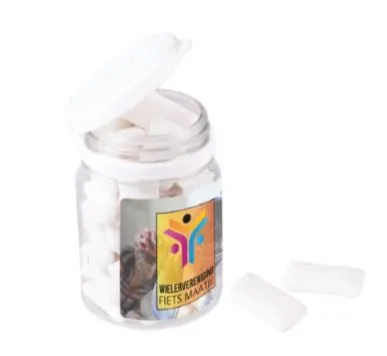 Tyggegummier i plastbøtter med logo 28 stk