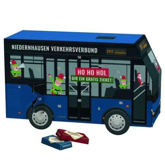 Julekalendere med chokolade i eget design 72-192g Bus