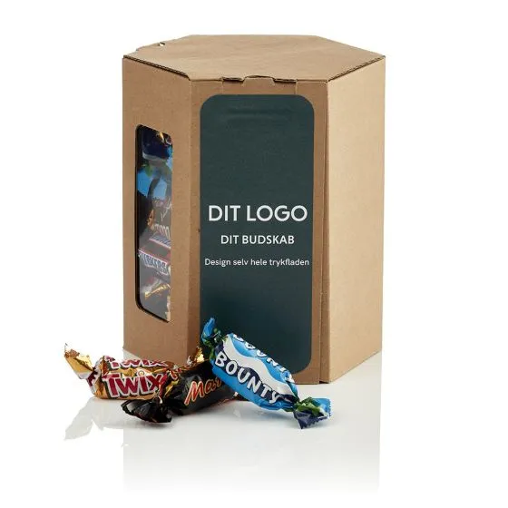 Slik og chokolade i 6-kantede æsker med logo Medium