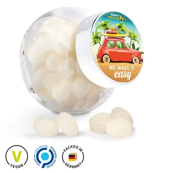 Bolsjer i glaskrukker med logo Vegansk