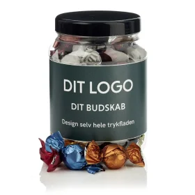 Chokolade i æsker og bøtter med logo