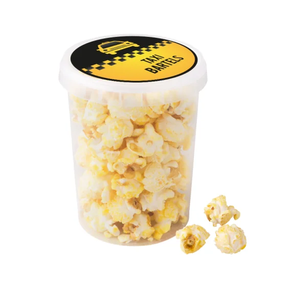 Popcorn i plastikbøtter med logo