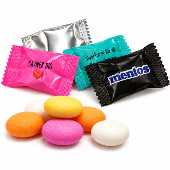 Mentos i flowpakning med logo